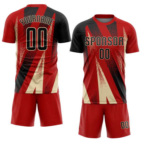 Custom Red Black-Cream Radial Burst Sports Sublimation Soccer Uniform Jersey