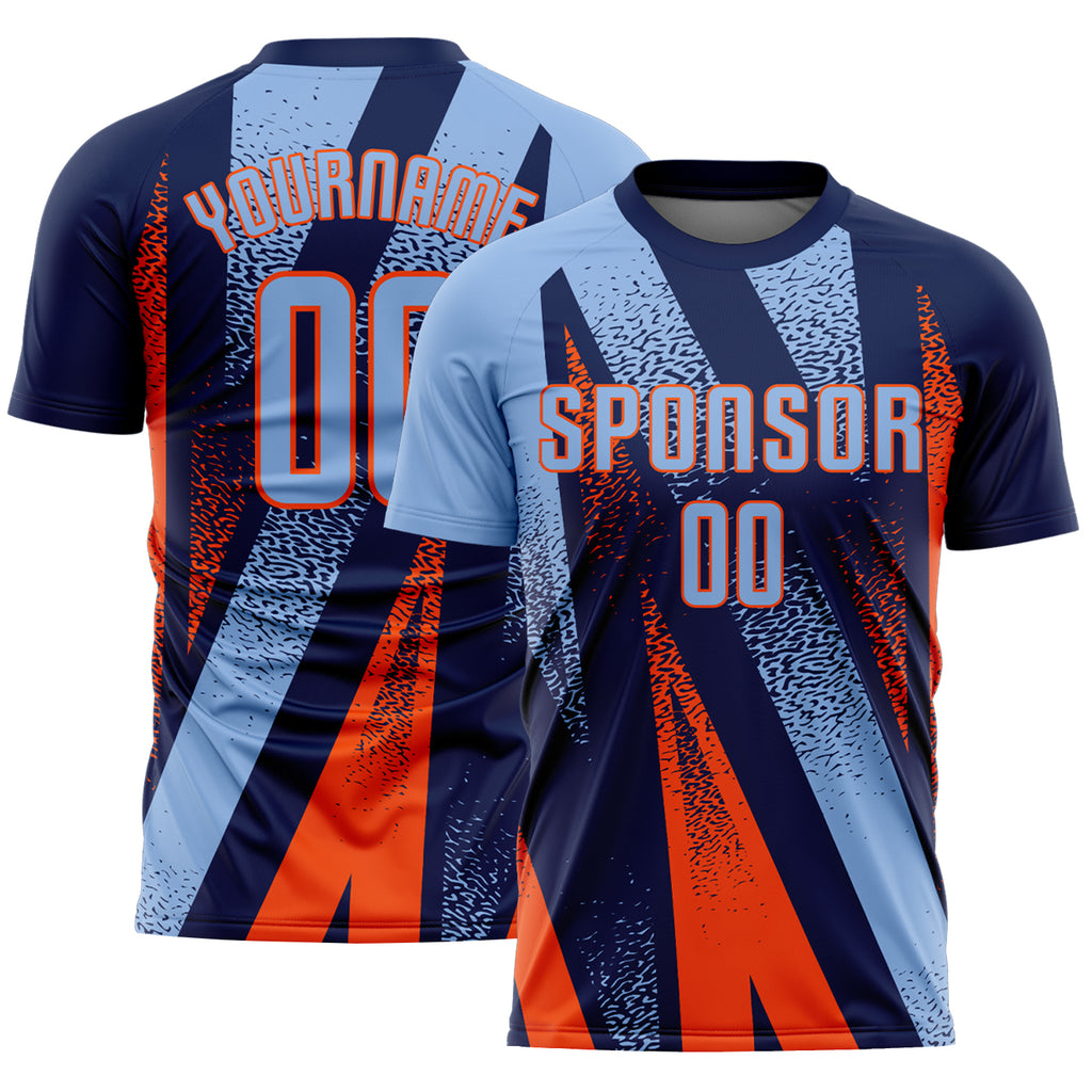 Custom Navy Light Blue-Orange Radial Burst Sports Sublimation Soccer Uniform Jersey