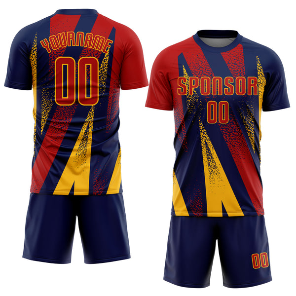Custom Navy Red-Gold Radial Burst Sports Sublimation Soccer Uniform Jersey