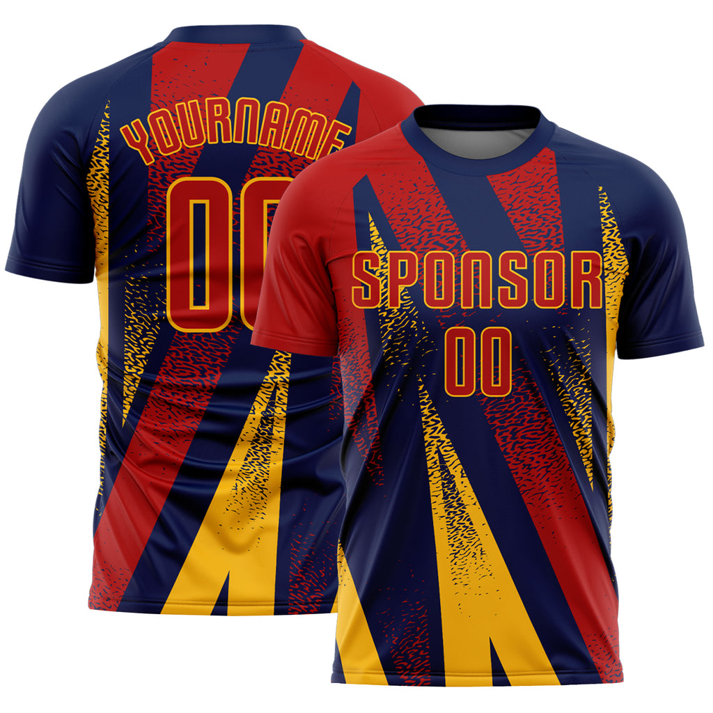 Custom Navy Red-Gold Radial Burst Sports Sublimation Soccer Uniform Jersey