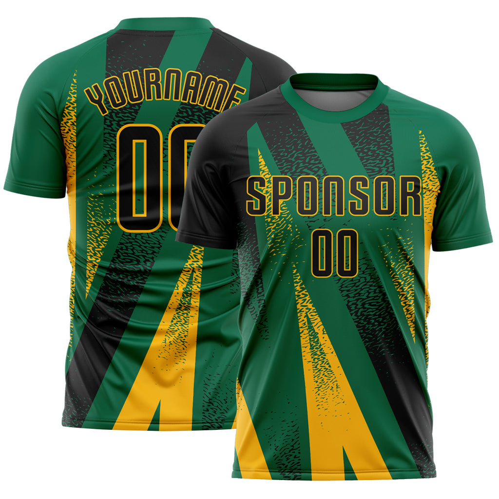Custom Kelly Green Black-Gold Radial Burst Sports Sublimation Soccer Uniform Jersey