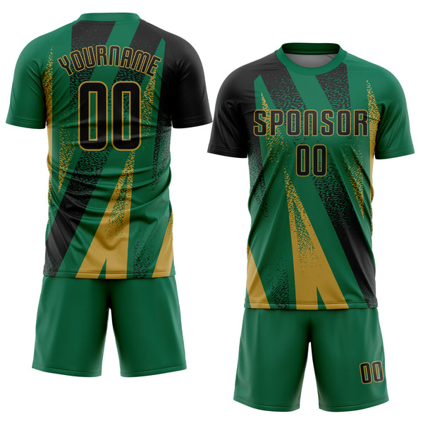 Custom Kelly Green Black-Old Gold Radial Burst Sports Sublimation Soccer Uniform Jersey