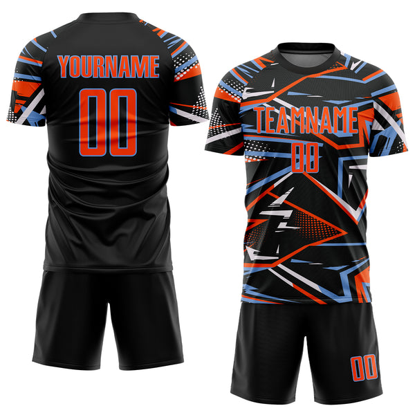 Custom Black Orange Powder Blue-White Abstract Geometric Stripes Sports Sublimation Soccer Uniform Jersey