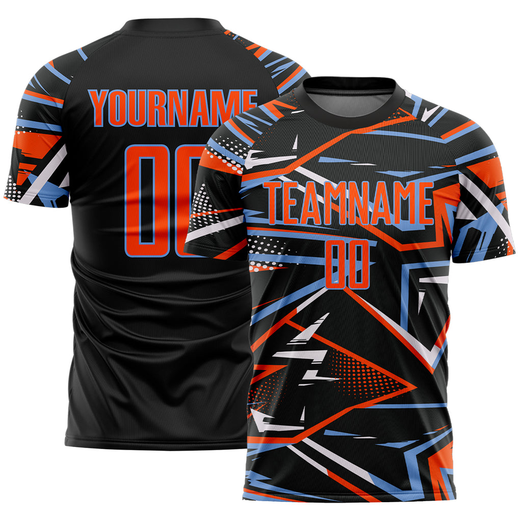 Custom Black Orange Powder Blue-White Abstract Geometric Stripes Sports Sublimation Soccer Uniform Jersey