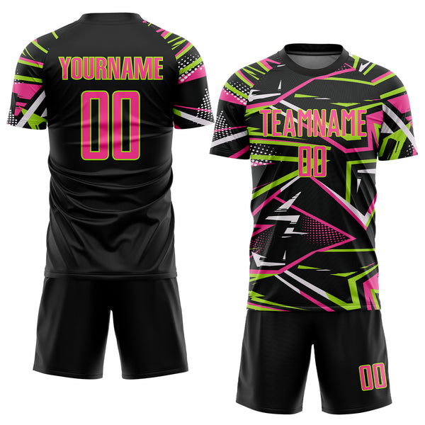 Custom Black Pink Neon Green-White Abstract Geometric Stripes Sports Sublimation Soccer Uniform Jersey