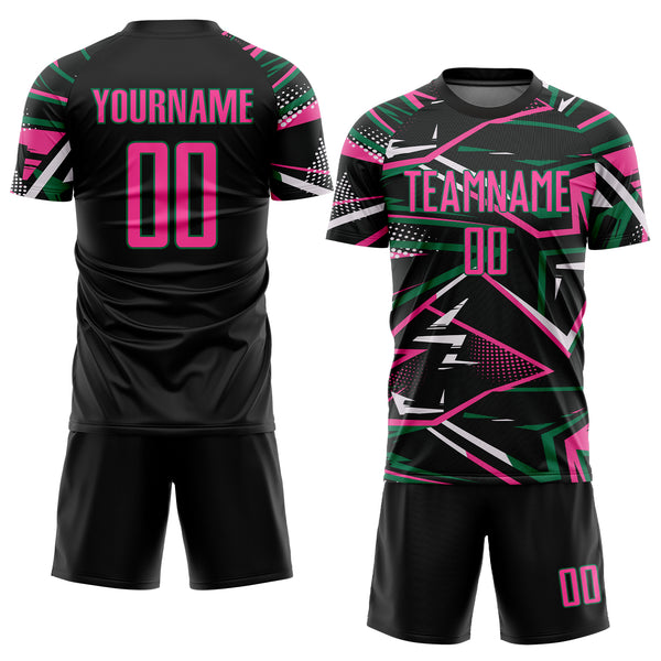 Custom Black Pink Kelly Green-White Abstract Geometric Stripes Sports Sublimation Soccer Uniform Jersey