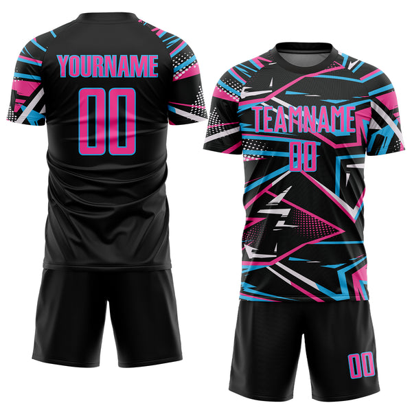 Custom Black Pink Sky Blue-White Abstract Geometric Stripes Sports Sublimation Soccer Uniform Jersey