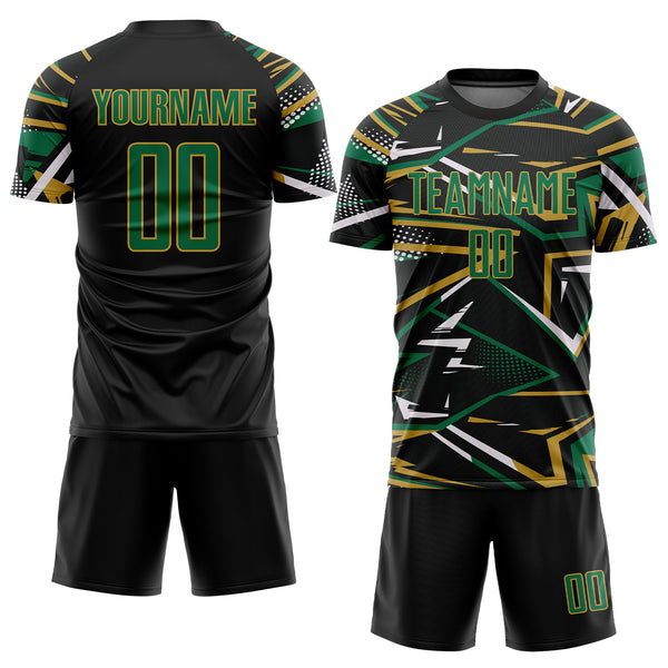 Custom Black Kelly Green Old Gold-White Abstract Geometric Stripes Sports Sublimation Soccer Uniform Jersey
