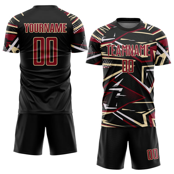 Custom Black Crimson Cream-White Abstract Geometric Stripes Sports Sublimation Soccer Uniform Jersey