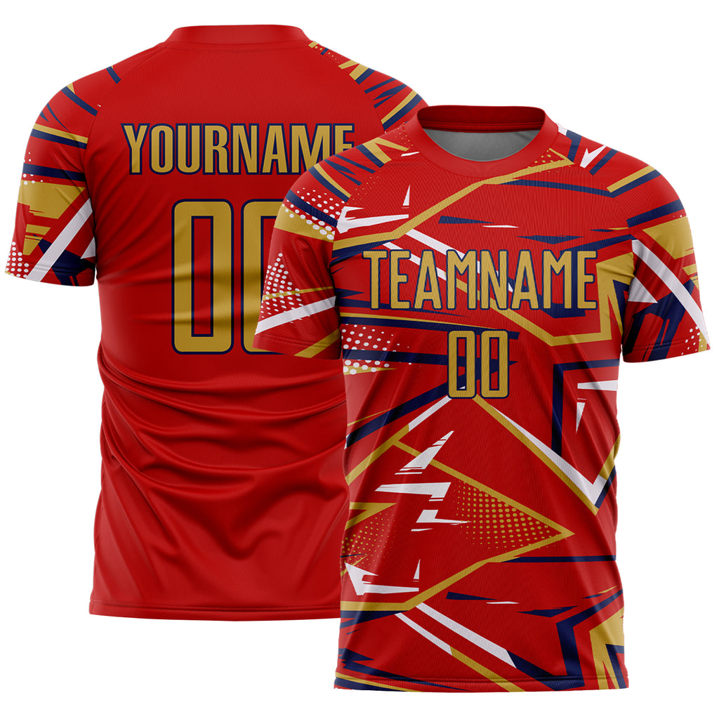 Custom Red Old Gold Navy-White Abstract Geometric Stripes Sports Sublimation Soccer Uniform Jersey