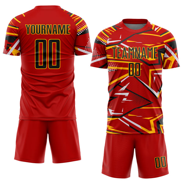 Custom Red Black Gold-White Abstract Geometric Stripes Sports Sublimation Soccer Uniform Jersey
