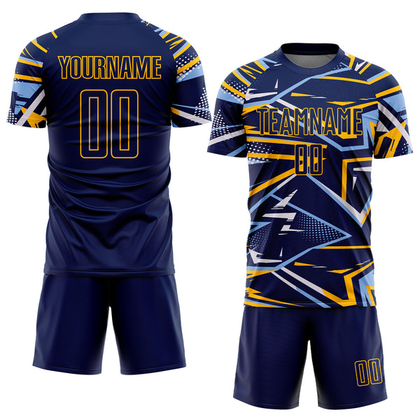 Custom Navy Light Blue Gold-White Abstract Geometric Stripes Sports Sublimation Soccer Uniform Jersey