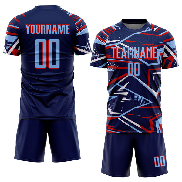 Custom Navy Light Blue Red-White Abstract Geometric Stripes Sports Sublimation Soccer Uniform Jersey