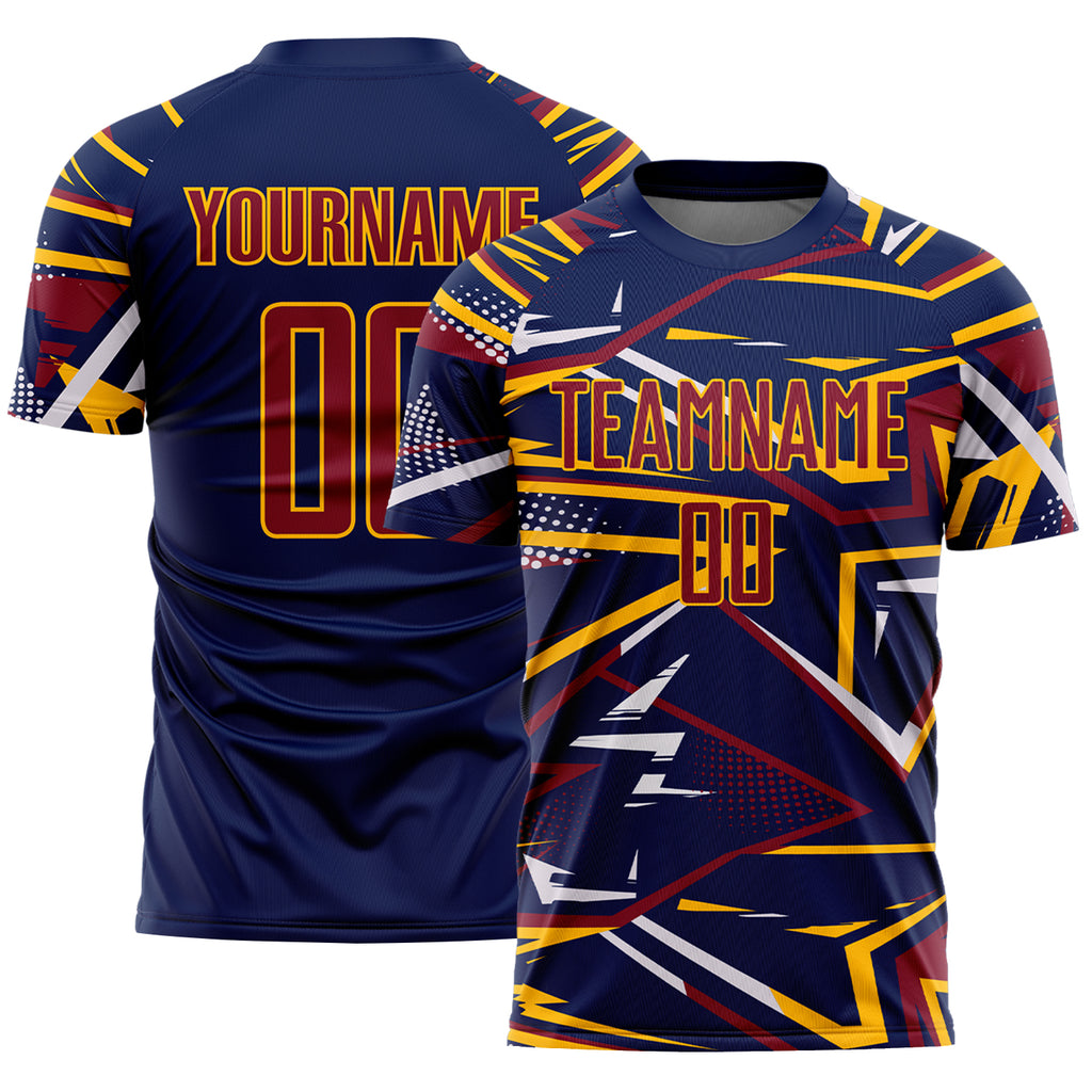 Custom Navy Crimson Gold-White Abstract Geometric Stripes Sports Sublimation Soccer Uniform Jersey