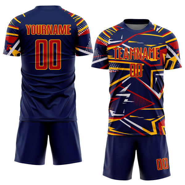 Custom Navy Red Gold-White Abstract Geometric Stripes Sports Sublimation Soccer Uniform Jersey