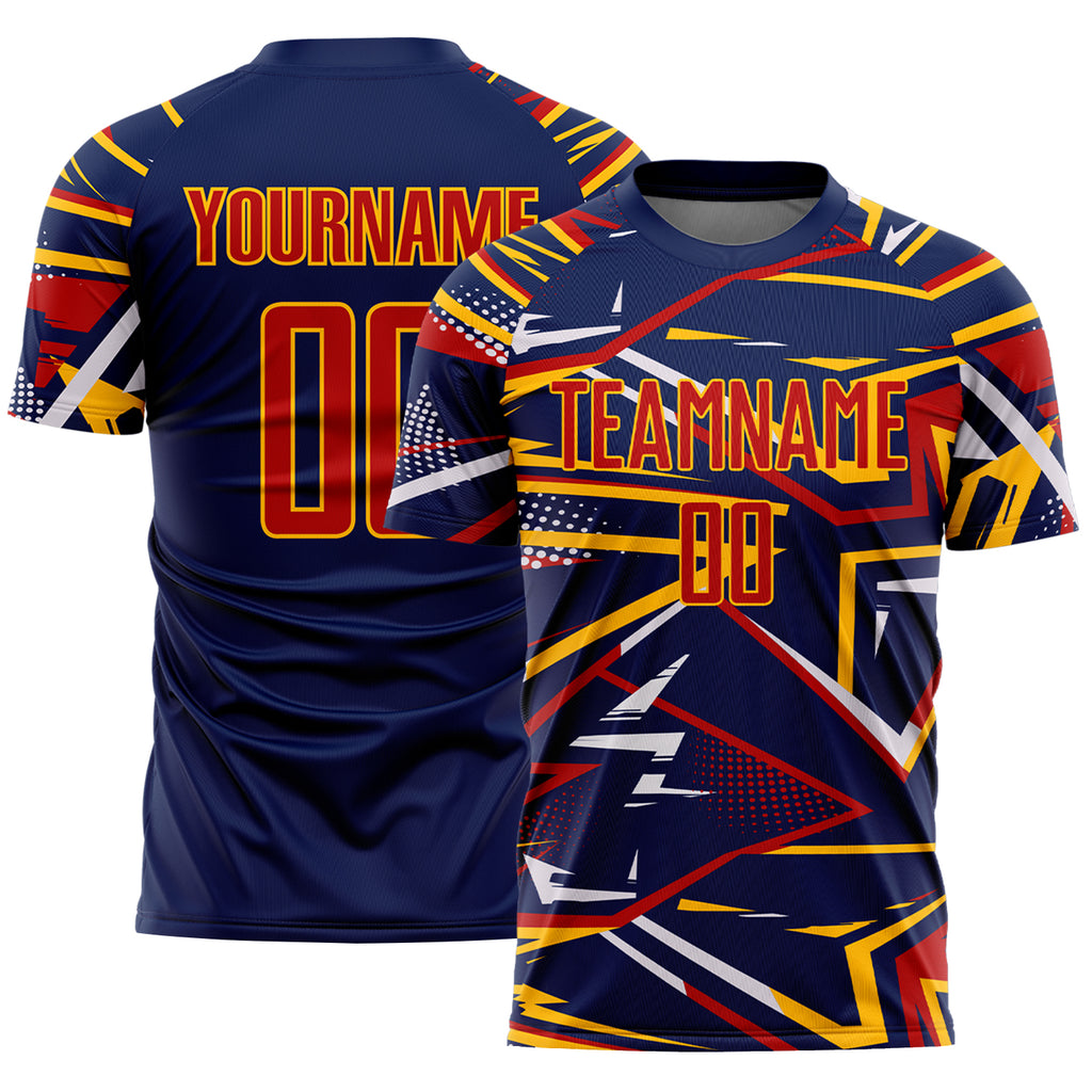 Custom Navy Red Gold-White Abstract Geometric Stripes Sports Sublimation Soccer Uniform Jersey