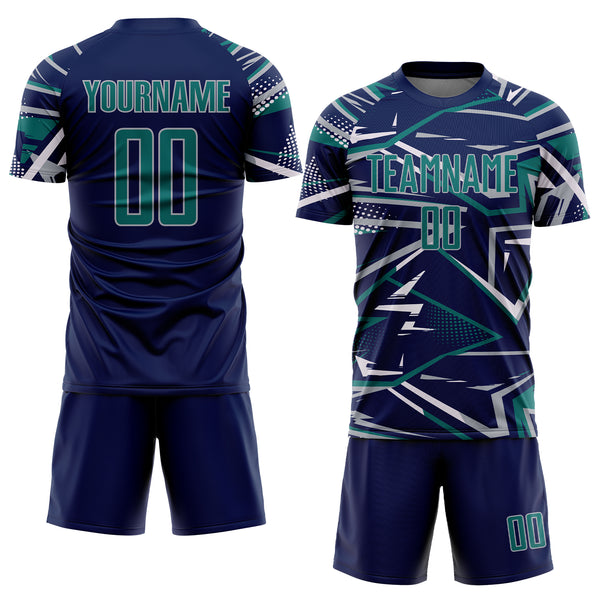 Custom Navy Teal Gray-White Abstract Geometric Stripes Sports Sublimation Soccer Uniform Jersey