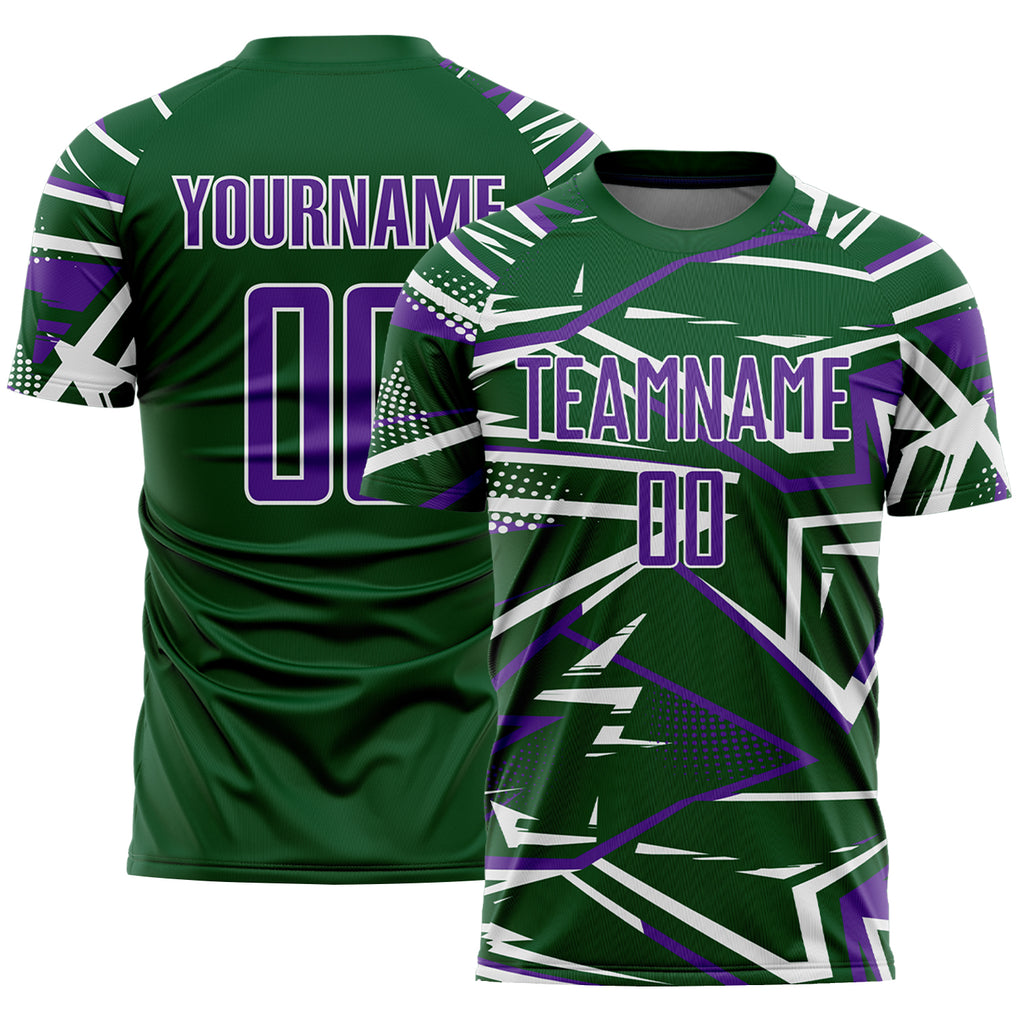 Custom Green Purple-White Abstract Geometric Stripes Sports Sublimation Soccer Uniform Jersey