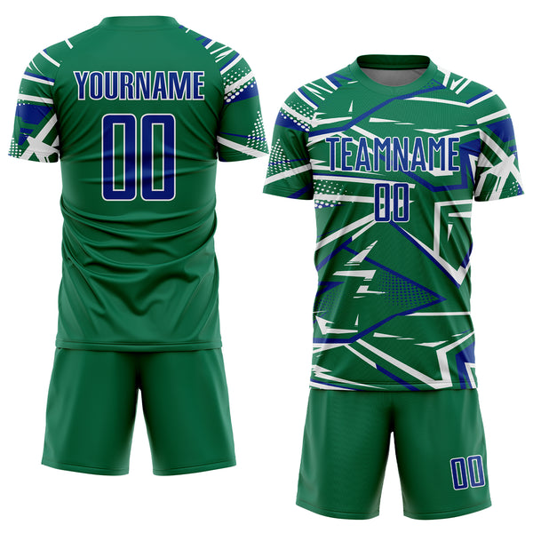 Custom Kelly Green Royal-White Abstract Geometric Stripes Sports Sublimation Soccer Uniform Jersey