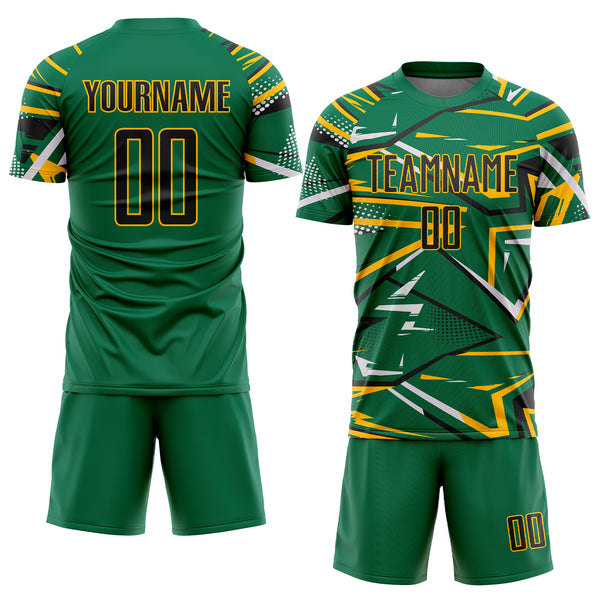 Custom Kelly Green Black Gold-White Abstract Geometric Stripes Sports Sublimation Soccer Uniform Jersey