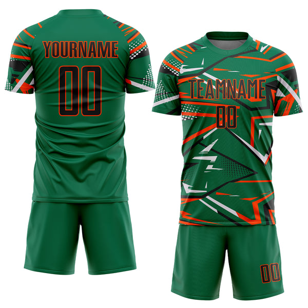 Custom Kelly Green Black Orange-White Abstract Geometric Stripes Sports Sublimation Soccer Uniform Jersey