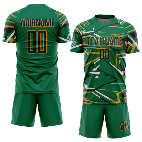 Custom Kelly Green Black Old Gold-White Abstract Geometric Stripes Sports Sublimation Soccer Uniform Jersey