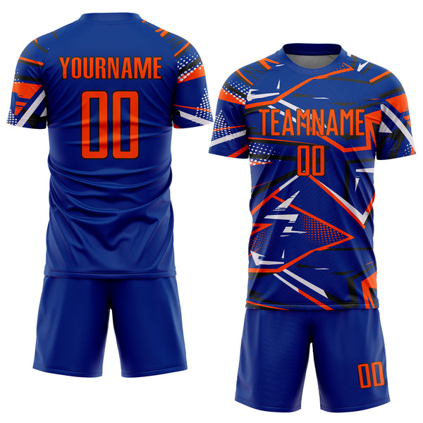 Custom Royal Orange Black-White Abstract Geometric Stripes Sports Sublimation Soccer Uniform Jersey