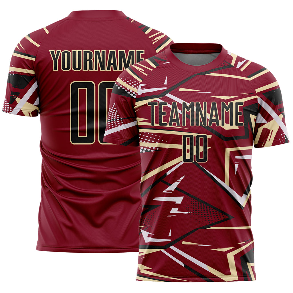 Custom Crimson Black Cream-White Abstract Geometric Stripes Sports Sublimation Soccer Uniform Jersey