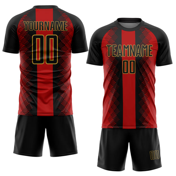 Custom Black Red-Old Gold Zigzag Diamond Stripe Sports Sublimation Soccer Uniform Jersey