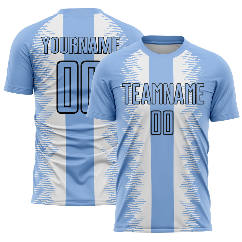 Custom Light Blue Black-White Zigzag Diamond Stripe Sports Sublimation Soccer Uniform Jersey