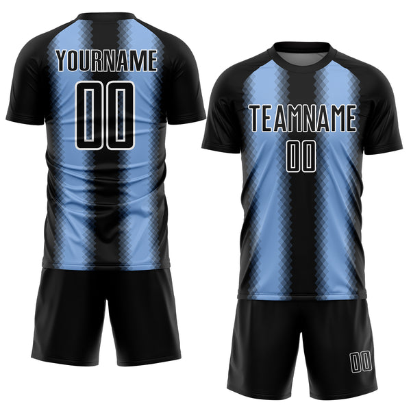 Custom Black Light Blue-White Zigzag Diamond Stripe Sports Sublimation Soccer Uniform Jersey
