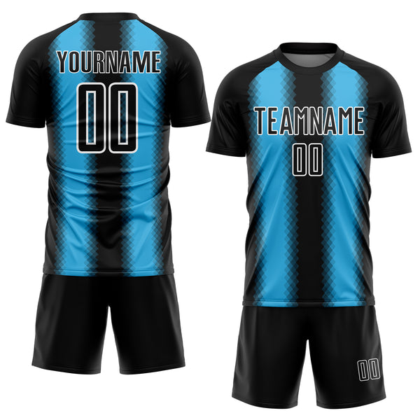 Custom Black Sky Blue-White Zigzag Diamond Stripe Sports Sublimation Soccer Uniform Jersey