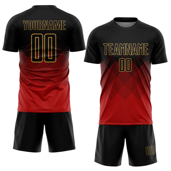 Custom Black Red-Old Gold Gradient Diamond Diagonal Lines Sports Sublimation Soccer Uniform Jersey
