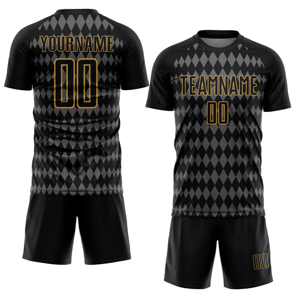 Custom Black Steel Gray-Old Gold Diamond Harlequin Check Sports Sublimation Soccer Uniform Jersey