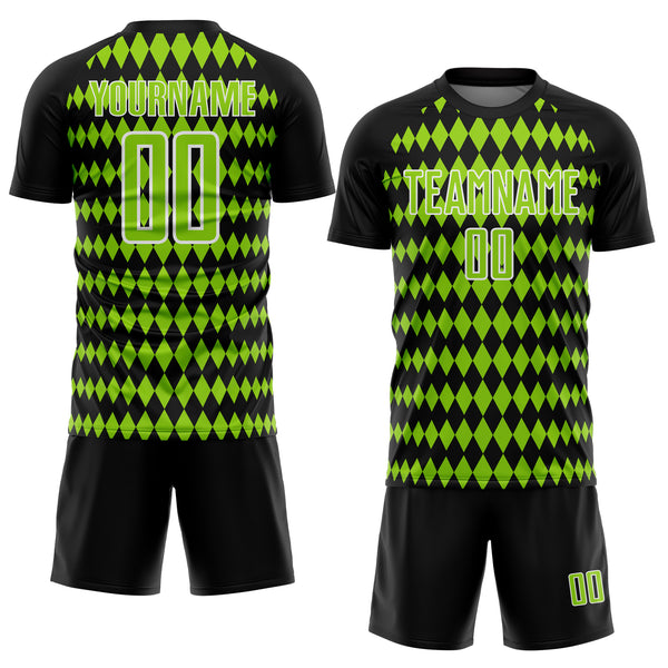 Custom Black Neon Green-White Diamond Harlequin Check Sports Sublimation Soccer Uniform Jersey