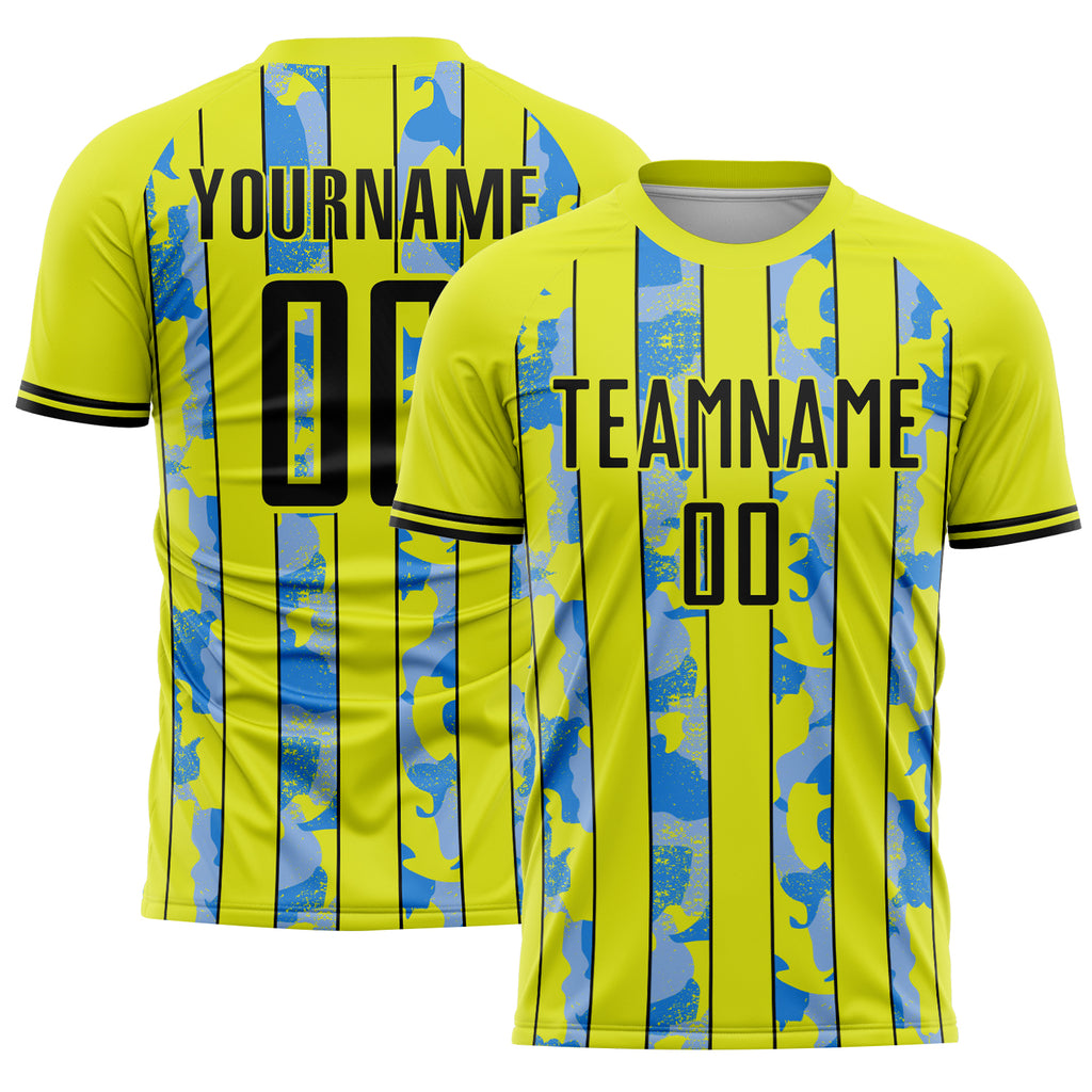 Custom Neon Yellow Black-Light Blue Camo Stripe Sports Sublimation Soccer Uniform Jersey