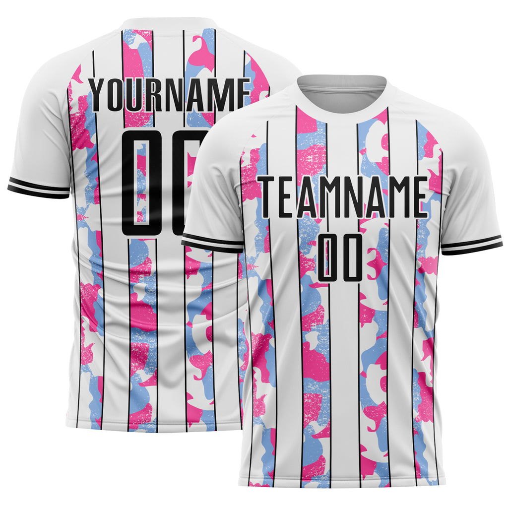 Custom White Black Light Blue-Pink Camo Stripe Sports Sublimation Soccer Uniform Jersey