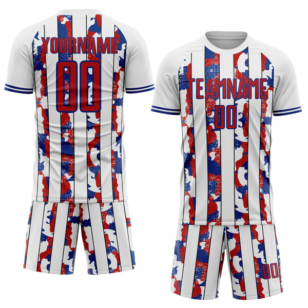 Custom White Red-Royal Camo Stripe Sports Sublimation Soccer Uniform Jersey