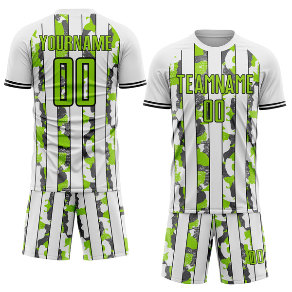 Custom White Neon Green Black-Steel Gray Camo Stripe Sports Sublimation Soccer Uniform Jersey