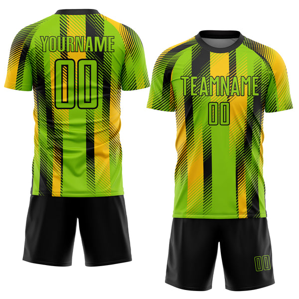 Custom Neon Green Black-Yellow Diagonal Stripe Sports Sublimation Soccer Uniform Jersey