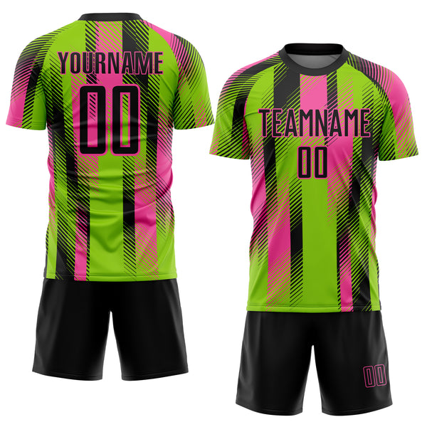 Custom Neon Green Black-Pink Diagonal Stripe Sports Sublimation Soccer Uniform Jersey
