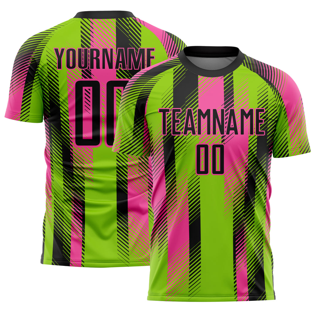 Custom Neon Green Black-Pink Diagonal Stripe Sports Sublimation Soccer Uniform Jersey