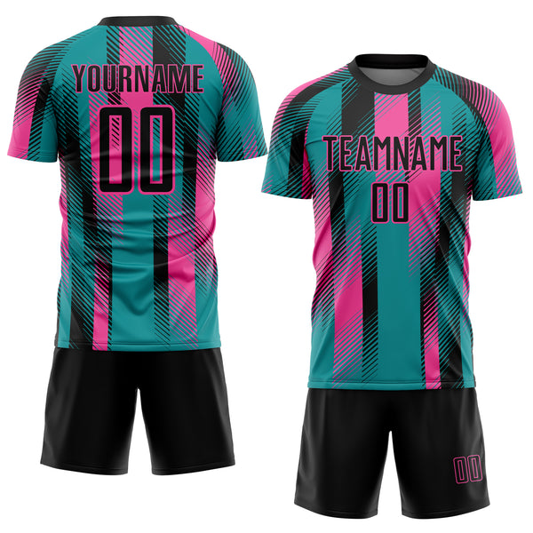 Custom Teal Black-Pink Diagonal Stripe Sports Sublimation Soccer Uniform Jersey