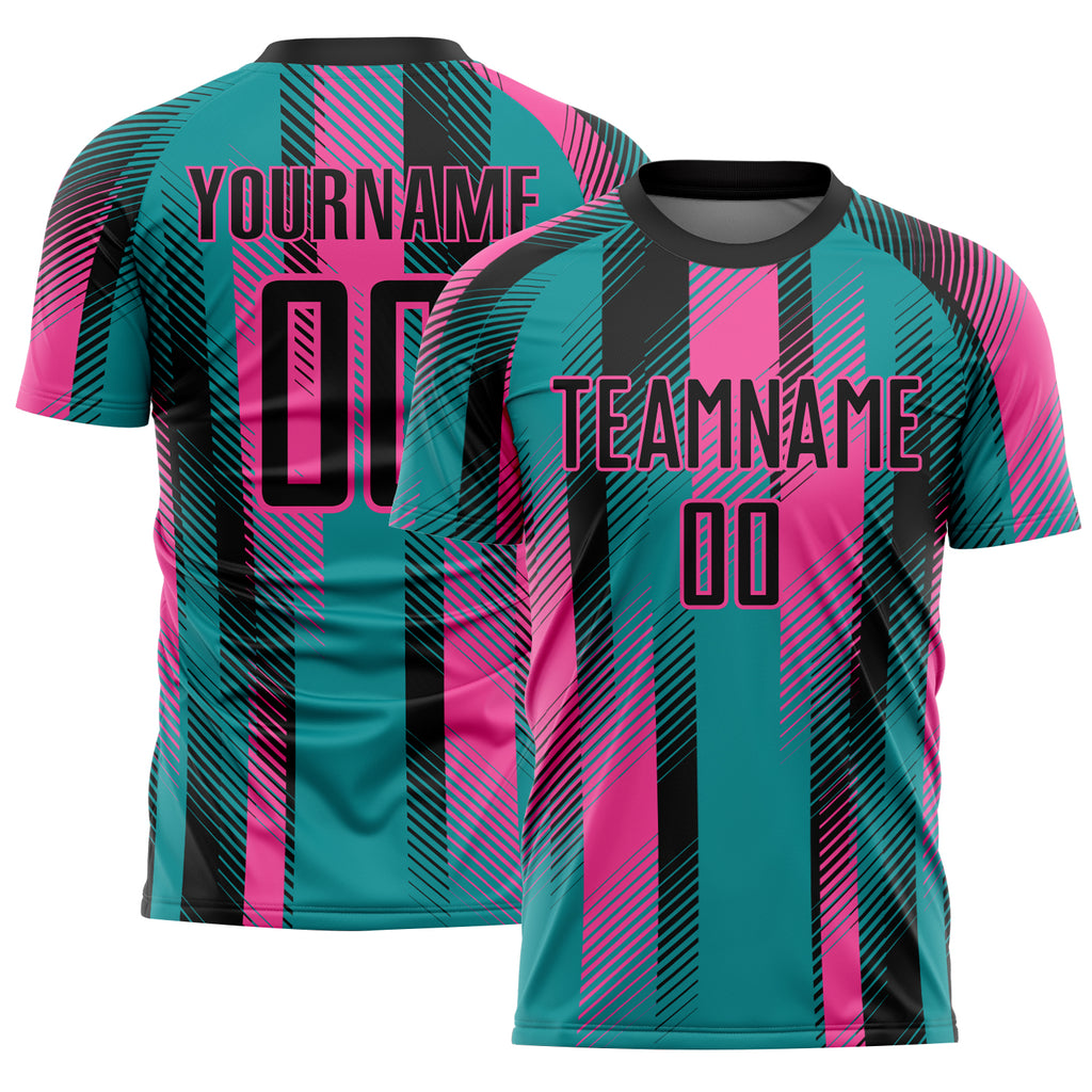 Custom Teal Black-Pink Diagonal Stripe Sports Sublimation Soccer Uniform Jersey