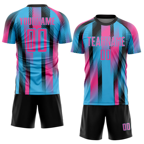 Custom Sky Blue Pink-Black Diagonal Stripe Sports Sublimation Soccer Uniform Jersey