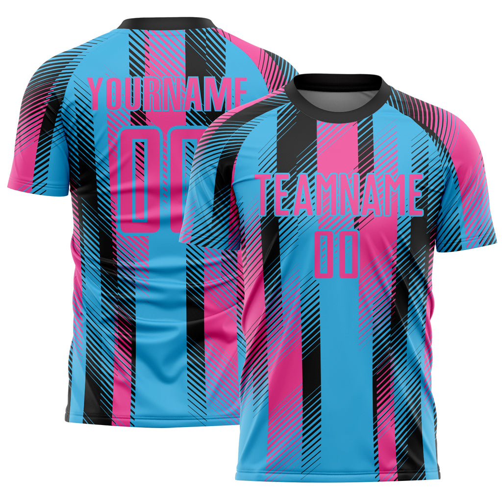 Custom Sky Blue Pink-Black Diagonal Stripe Sports Sublimation Soccer Uniform Jersey