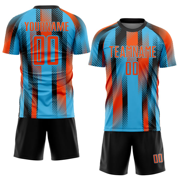 Custom Sky Blue Orange-Black Diagonal Stripe Sports Sublimation Soccer Uniform Jersey