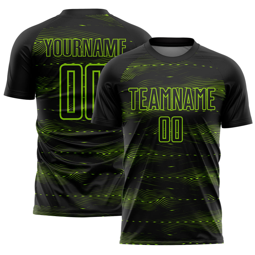 Custom Black Neon Green Streamline Wave Cyberpunk Neon Tech Sports Sublimation Soccer Uniform Jersey