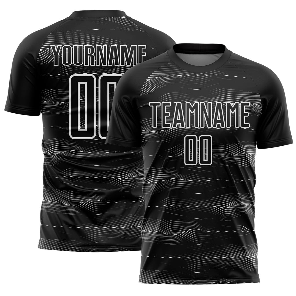 Custom Black White Streamline Wave Cyberpunk Neon Tech Sports Sublimation Soccer Uniform Jersey