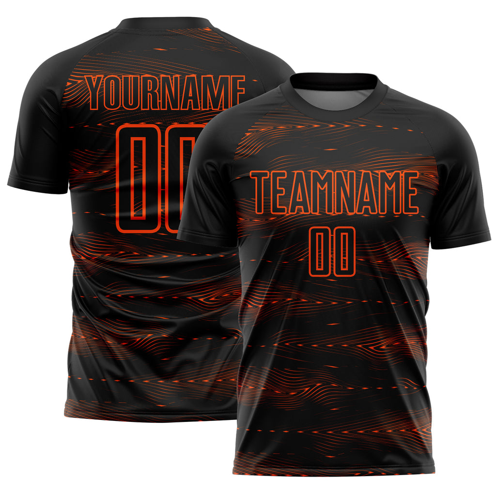 Custom Black Orange Streamline Wave Cyberpunk Neon Tech Sports Sublimation Soccer Uniform Jersey